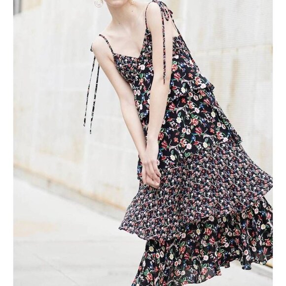 Club Monaco Black Floral Dress Suukyi Tiered Romantic Fairy Boho Festival 12 - Picture 1 of 10